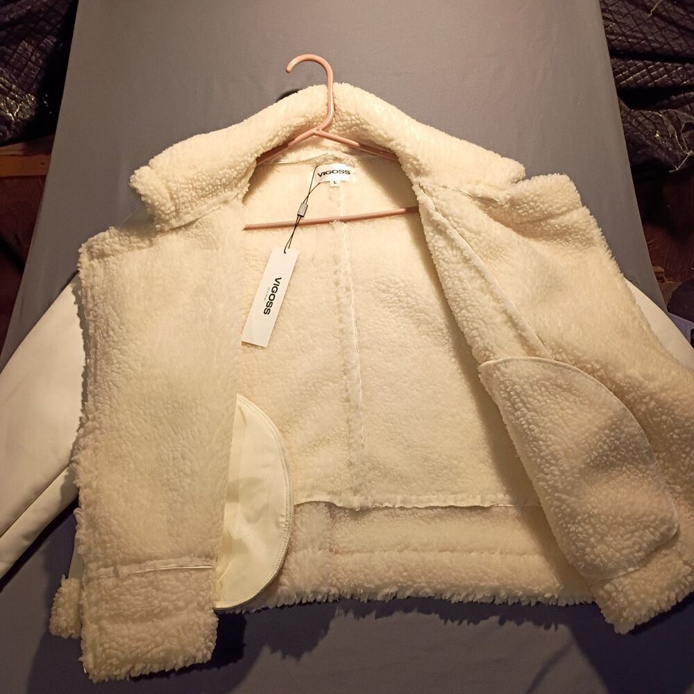 Vigoss Women's White Faux Leather Moto Full Zip Lined Jacket Zipper Pockets L - Picture 3 of 6